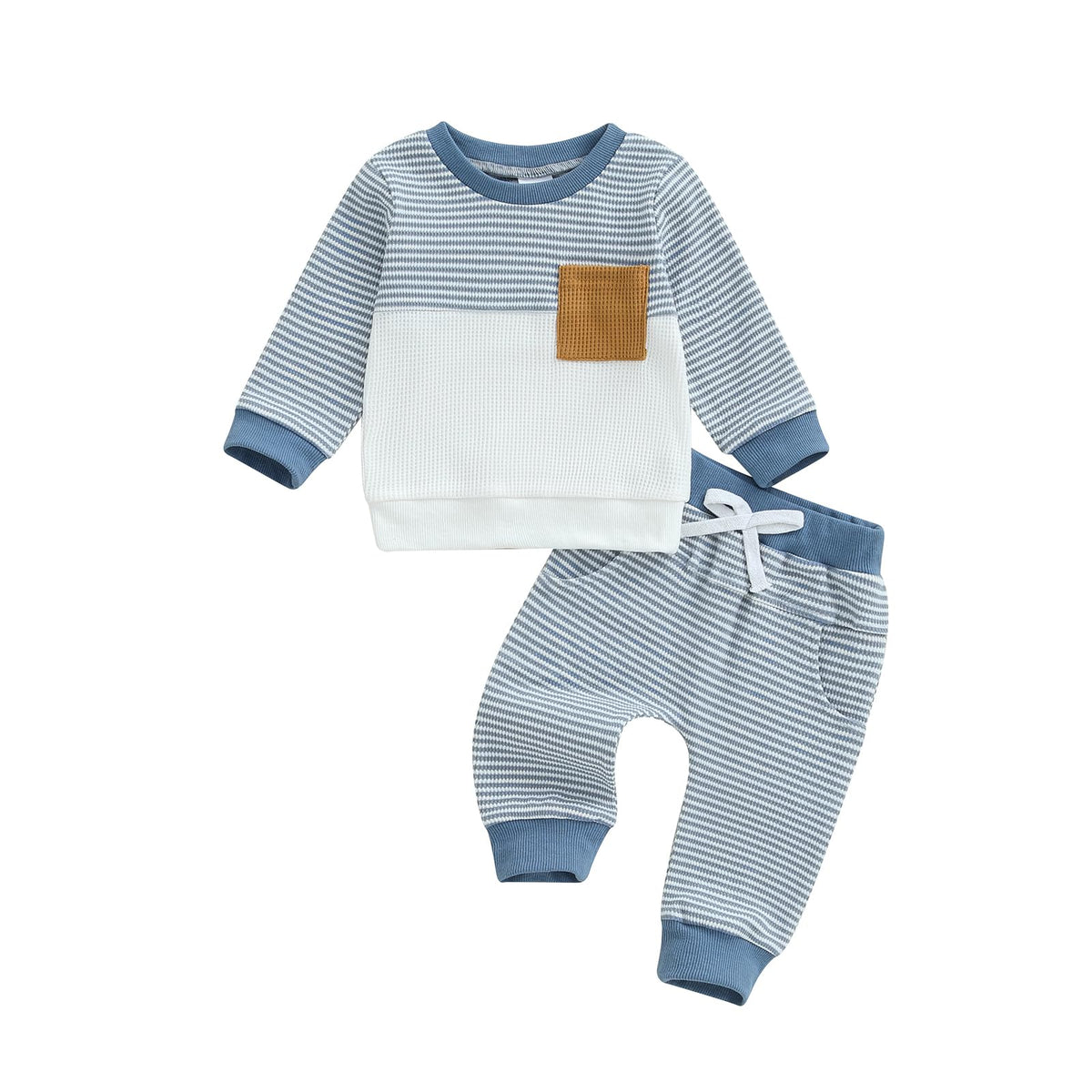 Toddler Baby Boy Fall Outfit Long Sleeve Crew Neck Contrast Color Sweatshirt Top Pant Cute Newborn Infant Waffle Clothes