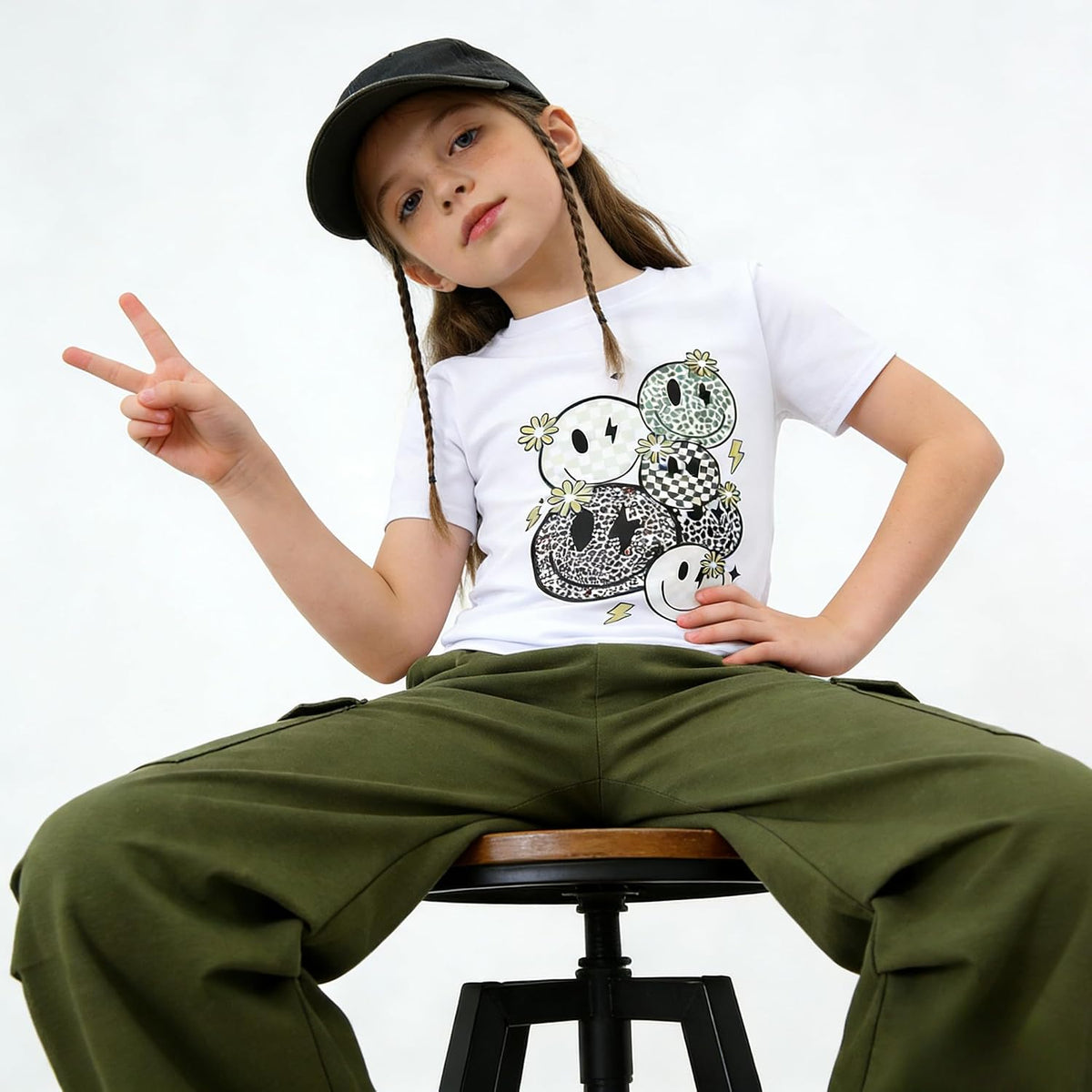 Girls Clothes 2 Piece Smiley Face Print T-Shirt Tops & Cargo Pants Spring Summer Outfits Tween Girls 7-14Y