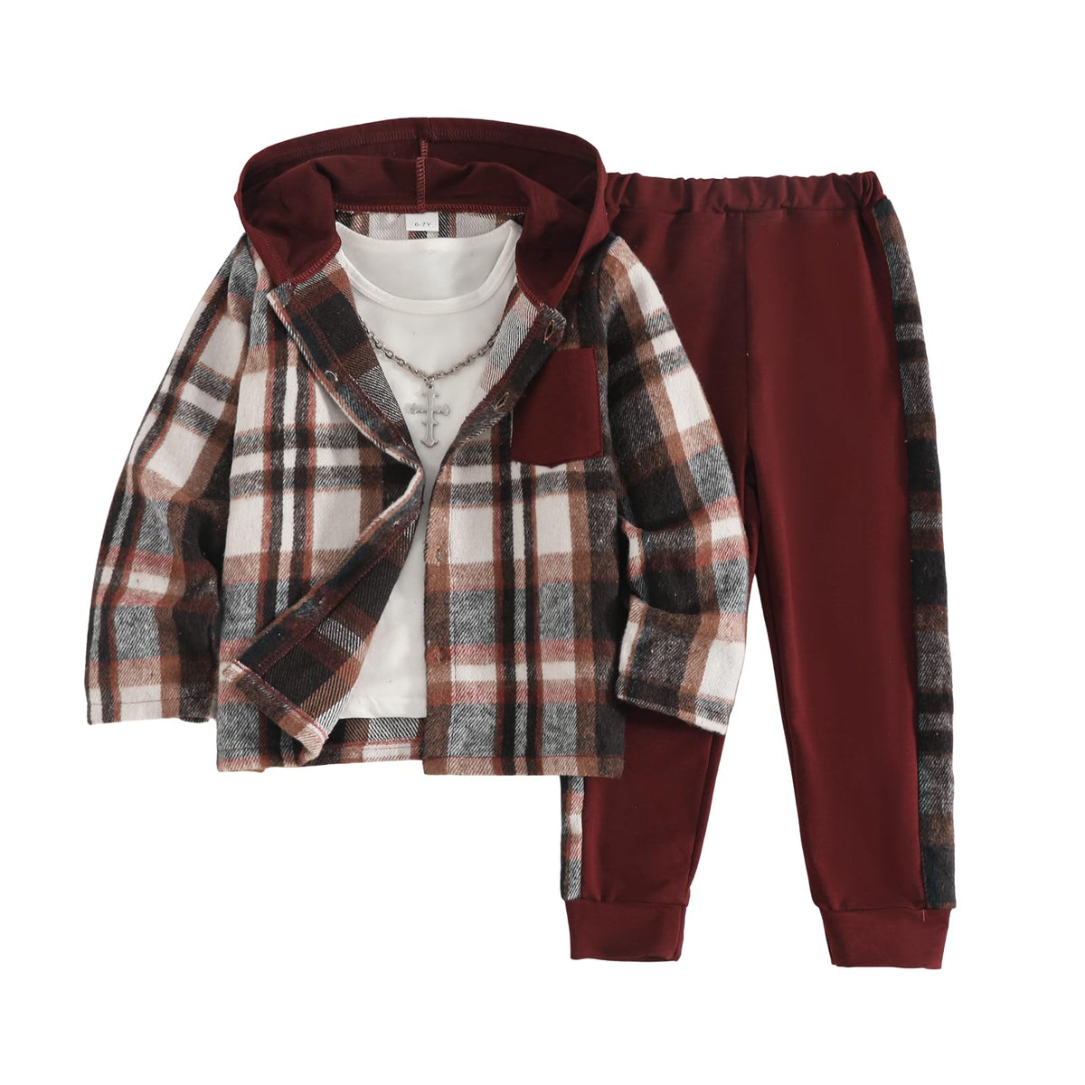 Azmxynol Boys Clothes Plaid Hooded Shirt 2pcs Outfit, Button Front Toddler Fall Winter Hoodie & Sweatpants Set, 4-8 years