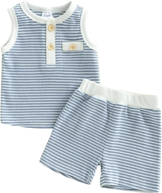 Kupretty Toddler Baby Boy Stripe Waffle Sleeveless Shirt Shorts Set