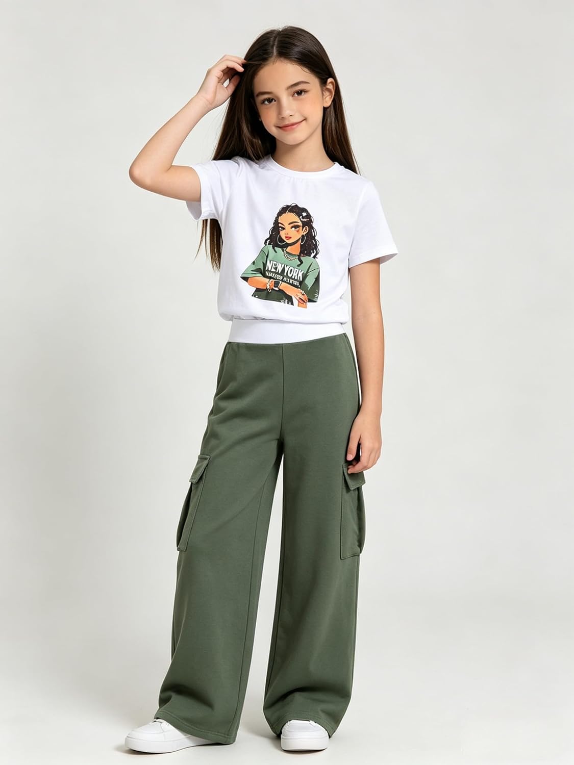 Ayzozuy Kid Girl Clothes Outfits Figure Letter Graphic Tee Top + Flap Pocket Pants 2PC Clothing Set