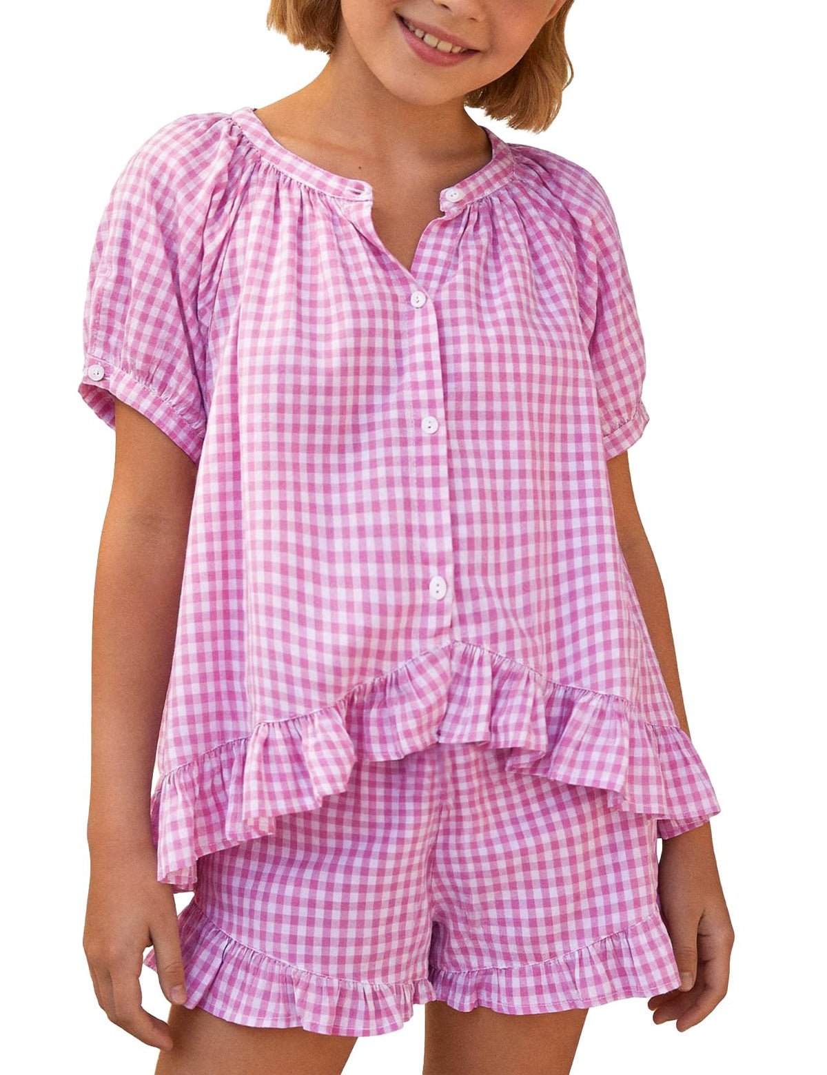 Flygo Girls Cotton Gingham Sets Cute Summer Outfits Shorts Set 5-14 Years