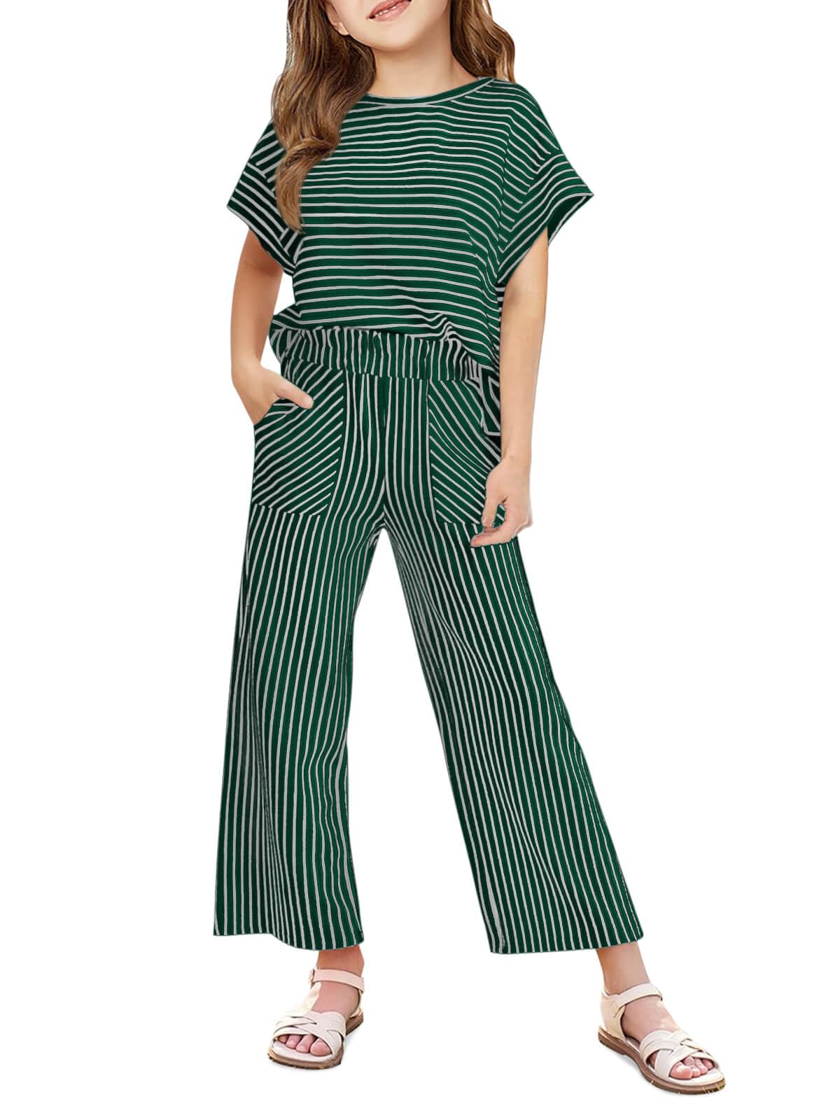 Haloumoning Girls Striped 2 Piece Outfits Short Sleeve T Shirts Wide Leg Pants Matching Lounge Set with Pockets