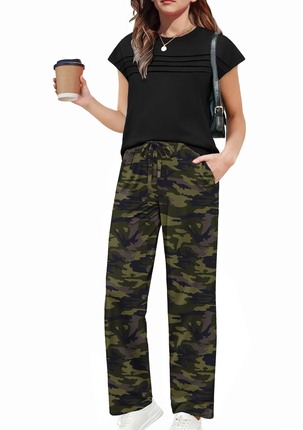 Arshiner Girls 2 Piece Outfits Short Sleeve Crewneck Tops Wide Leg Pant Set