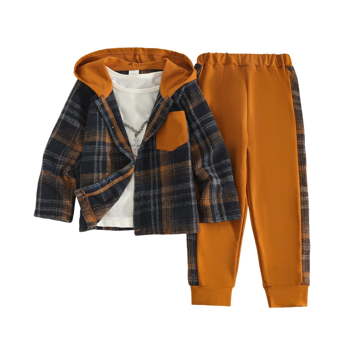 Azmxynol Boys Clothes Plaid Hooded Shirt 2pcs Outfit, Button Front Toddler Fall Winter Hoodie & Sweatpants Set, 4-8 years