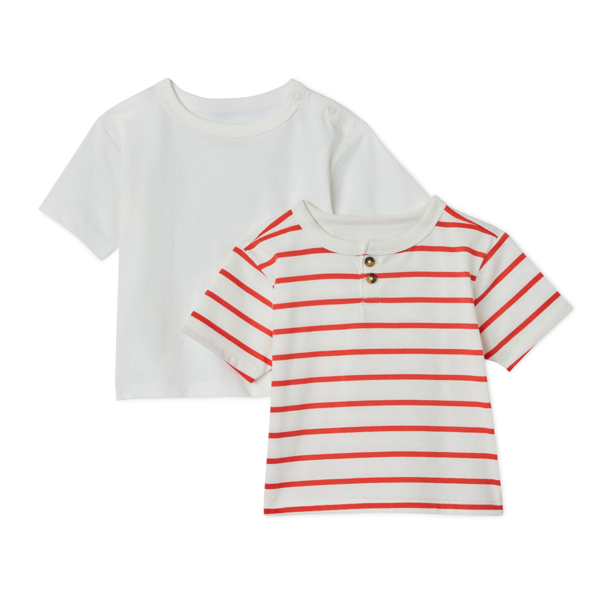 Amazon Essentials x Sofia Grainge Baby Boys' Cotton Crewneck Short Sleeve T-Shirts with Shoulder Snap, Pack of 2