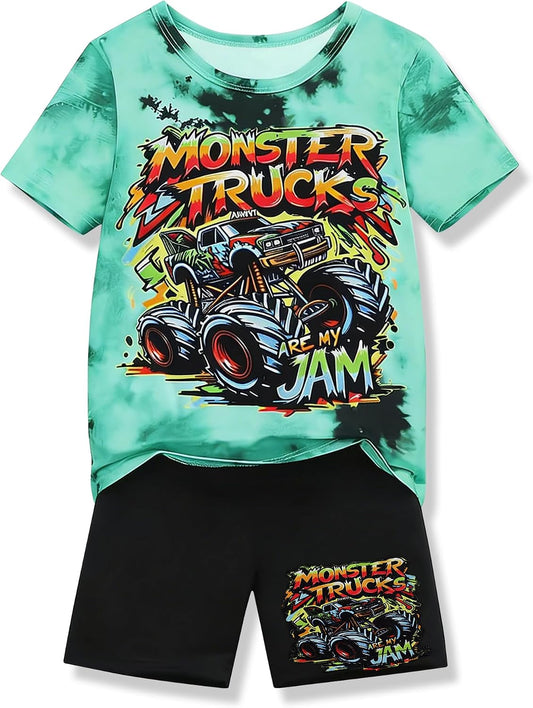 Boys Clothes 2-Piece Summer Outfit 3D Car Print Tie-Dye T-Shirt & Elastic Waist Shorts for Kids Clothing Set 5-11Y