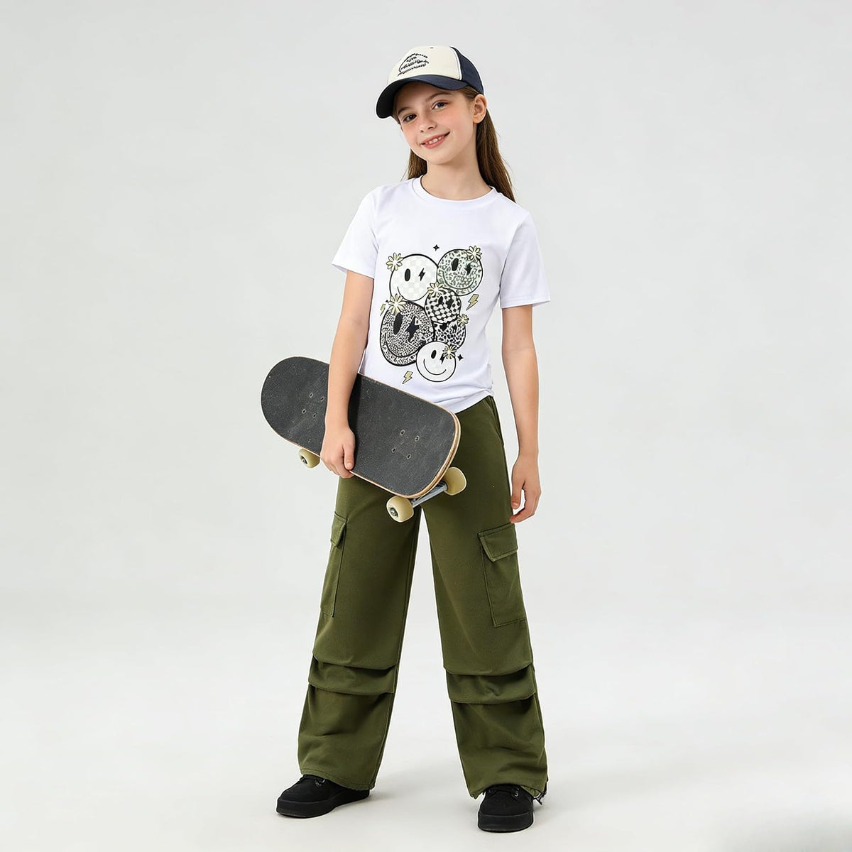 Girls Clothes 2 Piece Smiley Face Print T-Shirt Tops & Cargo Pants Spring Summer Outfits Tween Girls 7-14Y