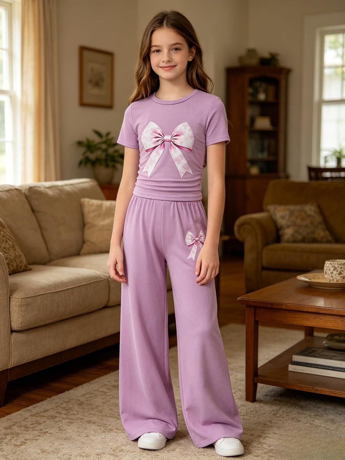 Teen Girl Clothes Bow Graphic Short Sleeve T-Shirt Top+Wide Leg Pants 2 Piece Outfit Set Size 7-14