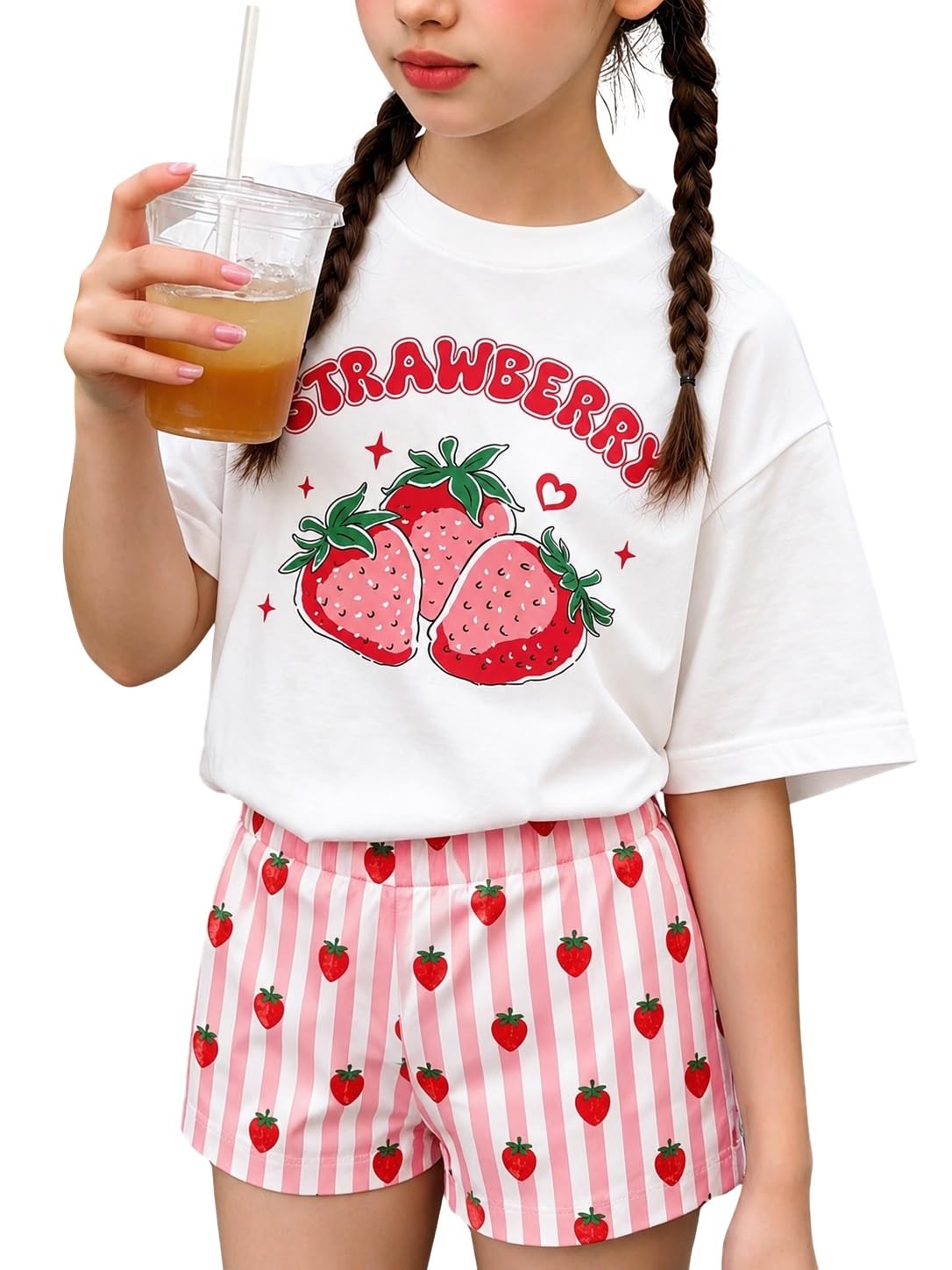 Girls Clothes Summer 2 Piece Outfits Cute Strawberry Lemon Shell Graphic Tee+ Striped Shorts Set Kids Clothing Sets