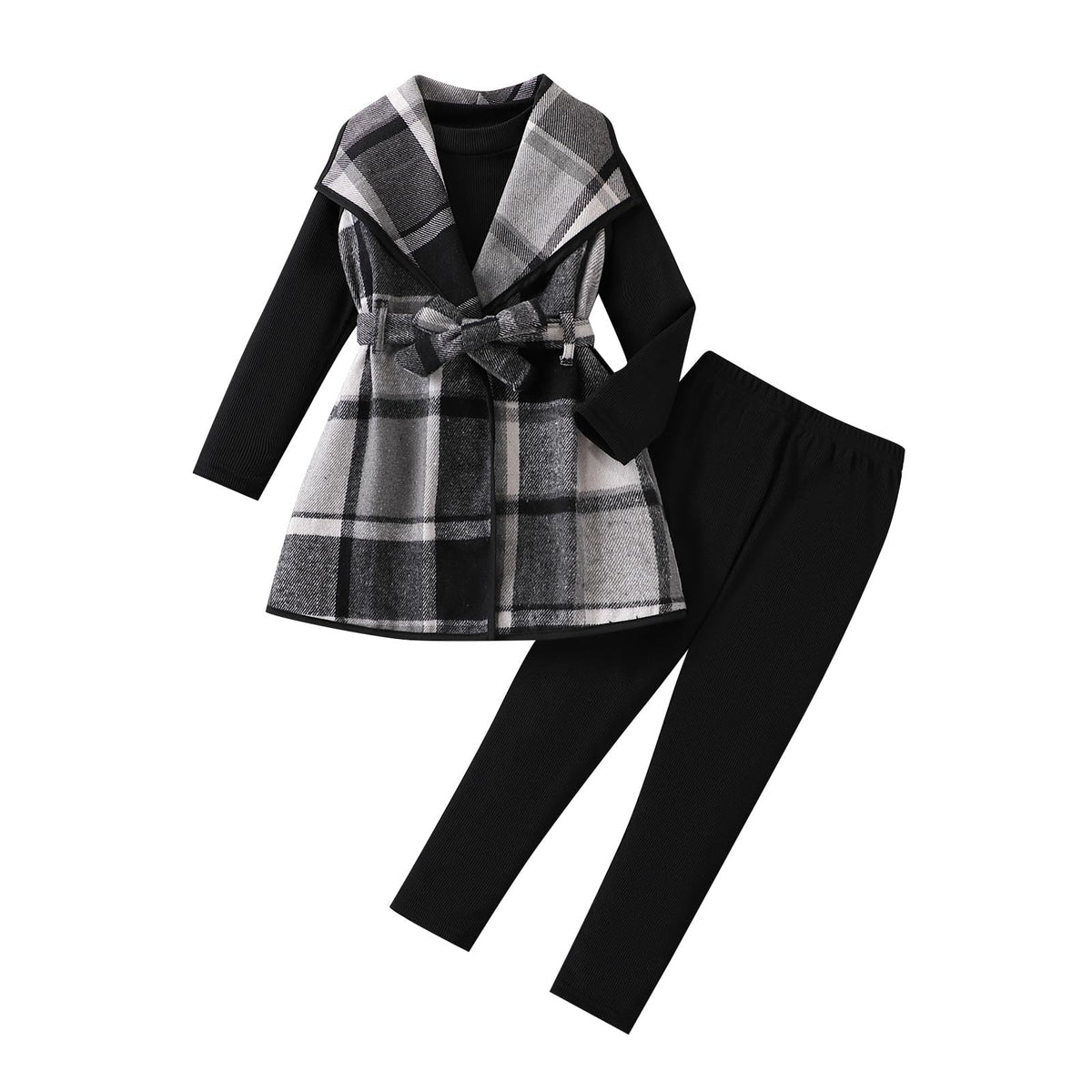 Kid Girls Clothes 3 Piece Outfits Plaid Flannel Belted Vest & Long Sleeve Top and Pants- Fall Clothing Sets