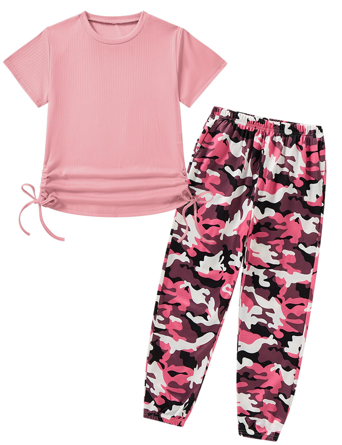 Girls Clothes Ruched Drawstring Short Sleeve Knit Top and Camo Print Pants 2 Piece Girls Outfits
