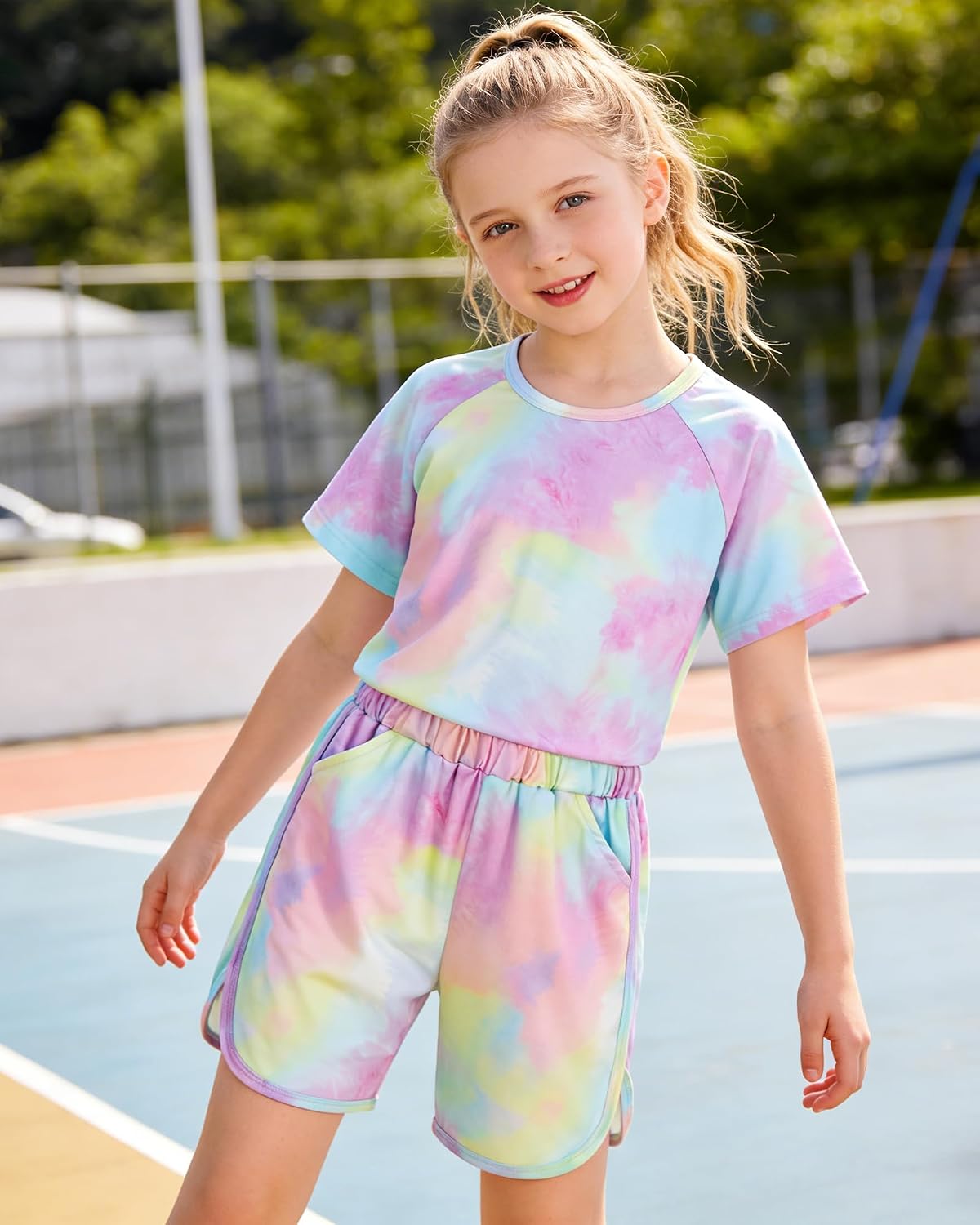DISAUR Girls Summer Outfits 2 Piece Matching Sets Tie Dye T Shirt and Shorts Set with Pockets for Girls 4-10 Years