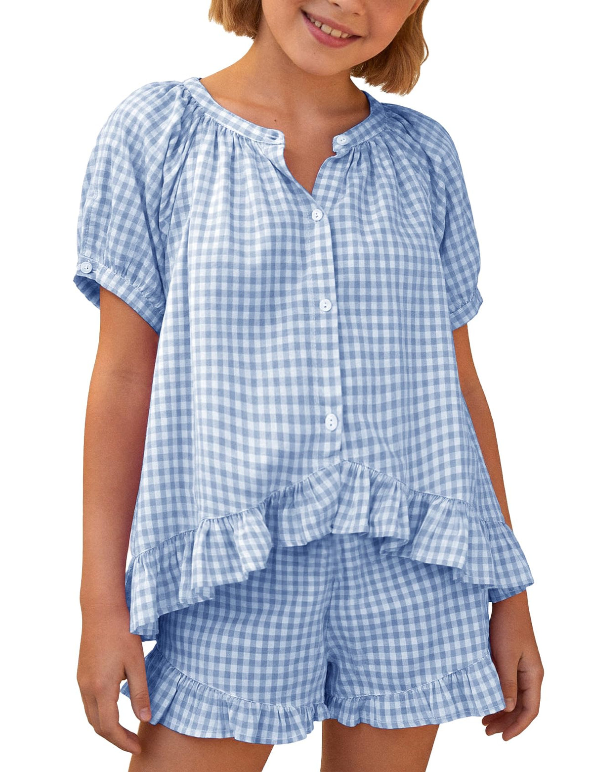 Flygo Girls Cotton Gingham Sets Cute Summer Outfits Shorts Set 5-14 Years