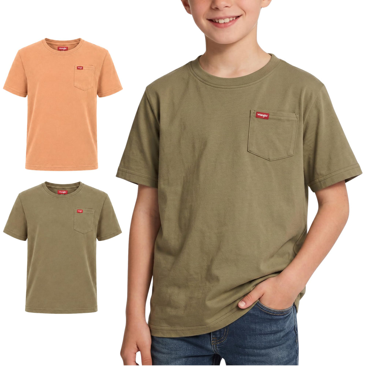 Wrangler Boys T Shirts 2-Pack - Crew Neck Pocket Tee, Soft Cotton Blend