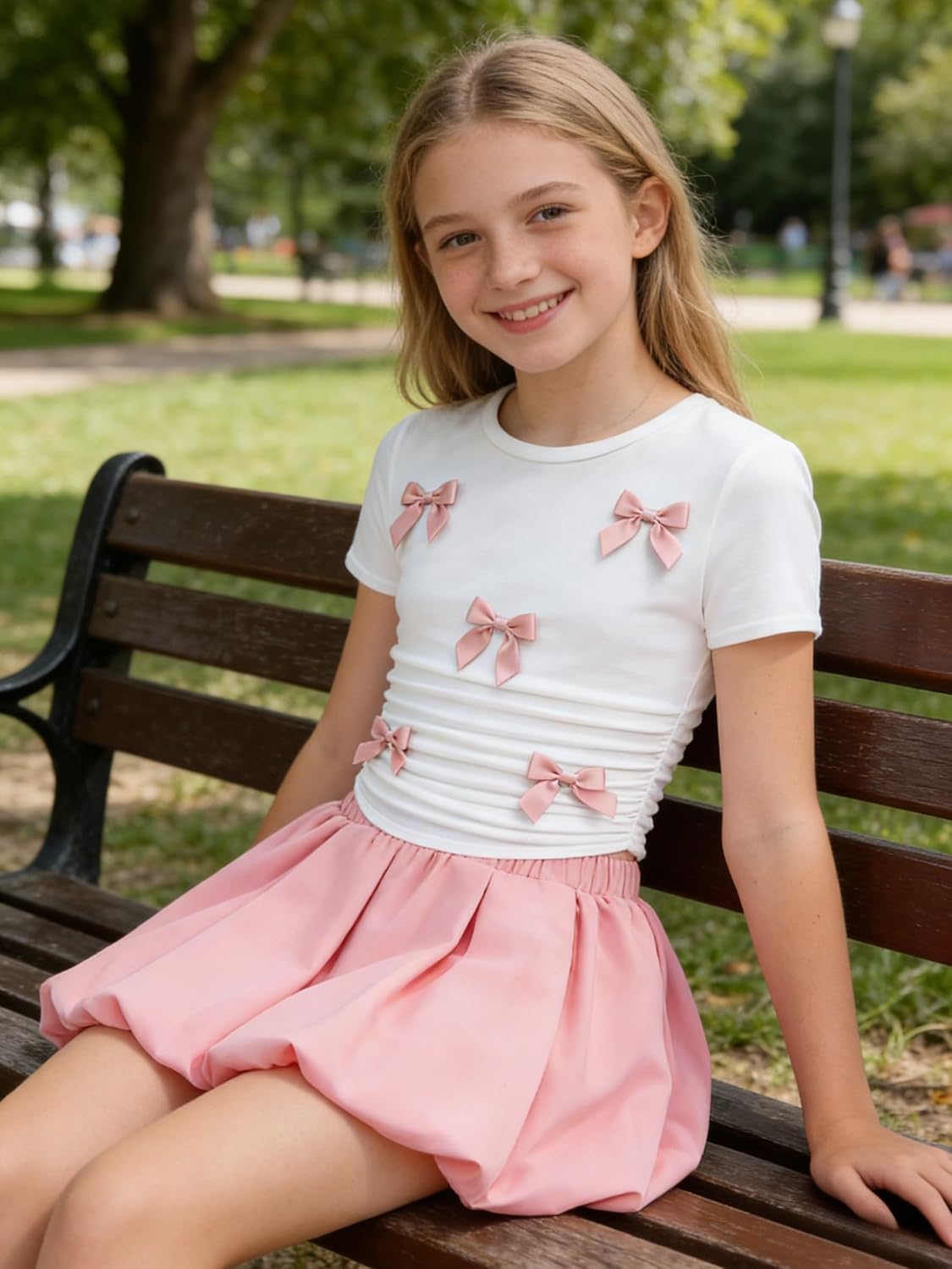 Teenage Girls Puffy Skirt Set with Cute Bowknot Top Teen Summer Skirt Outfit Puffy Skirt for Teen Girls