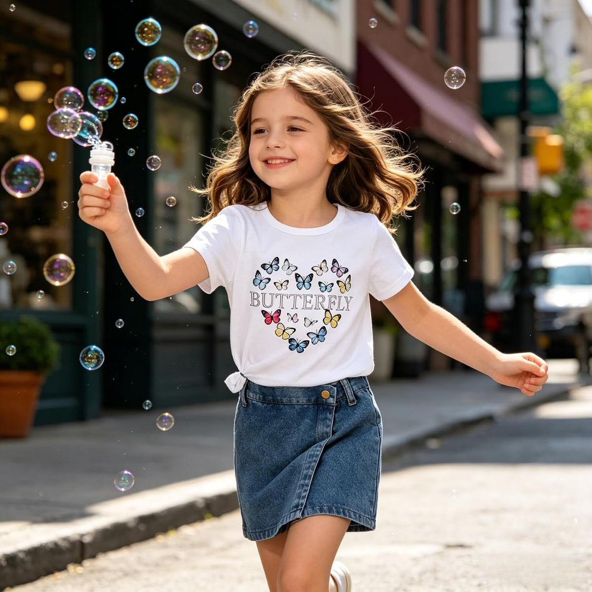 Girls Summer Clothes Butterfly Print Short Sleeve Tops and Denim Skirt Shorts Set Cute Outfits for Kids Girls 5-12Y