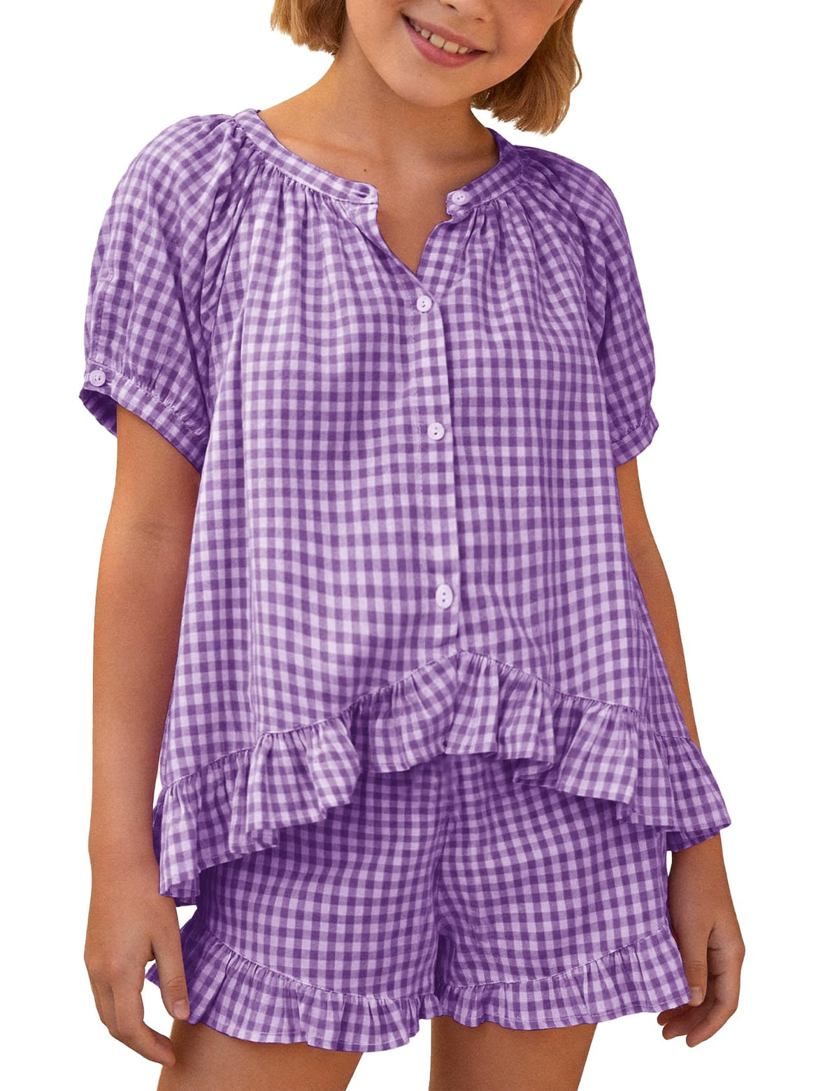 Flygo Girls Cotton Gingham Sets Cute Summer Outfits Shorts Set 5-14 Years