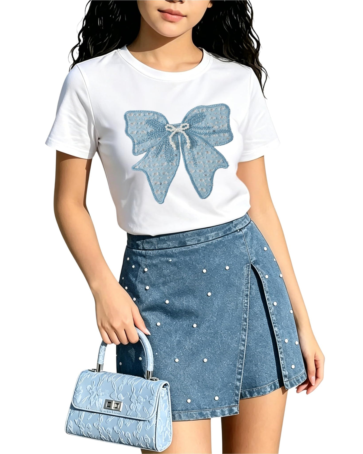 6-12Y Girls Summer Clothes Short Sleeve Bow Print T-Shirt Denim Skirt Shorts Set Tween Girls Outfits Set