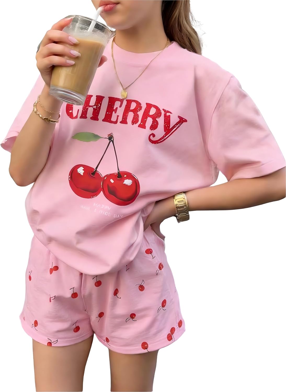 KIDLAGA Girls Two Piece Sets Cherry Pattern Short Sleeve Shirts and Shorts Set With Pockets Girls Summer Outfits Size 7-14