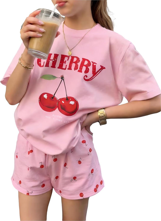 KIDLAGA Girls Two Piece Sets Cherry Pattern Short Sleeve Shirts and Shorts Set With Pockets Girls Summer Outfits Size 7-14