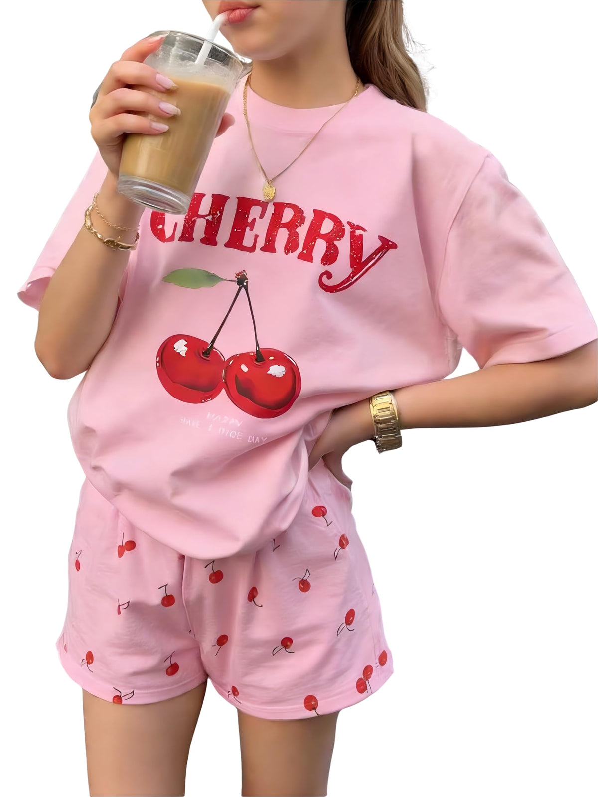 KIDLAGA Girls Two Piece Sets Cherry Pattern Short Sleeve Shirts and Shorts Set With Pockets Girls Summer Outfits Size 7-14