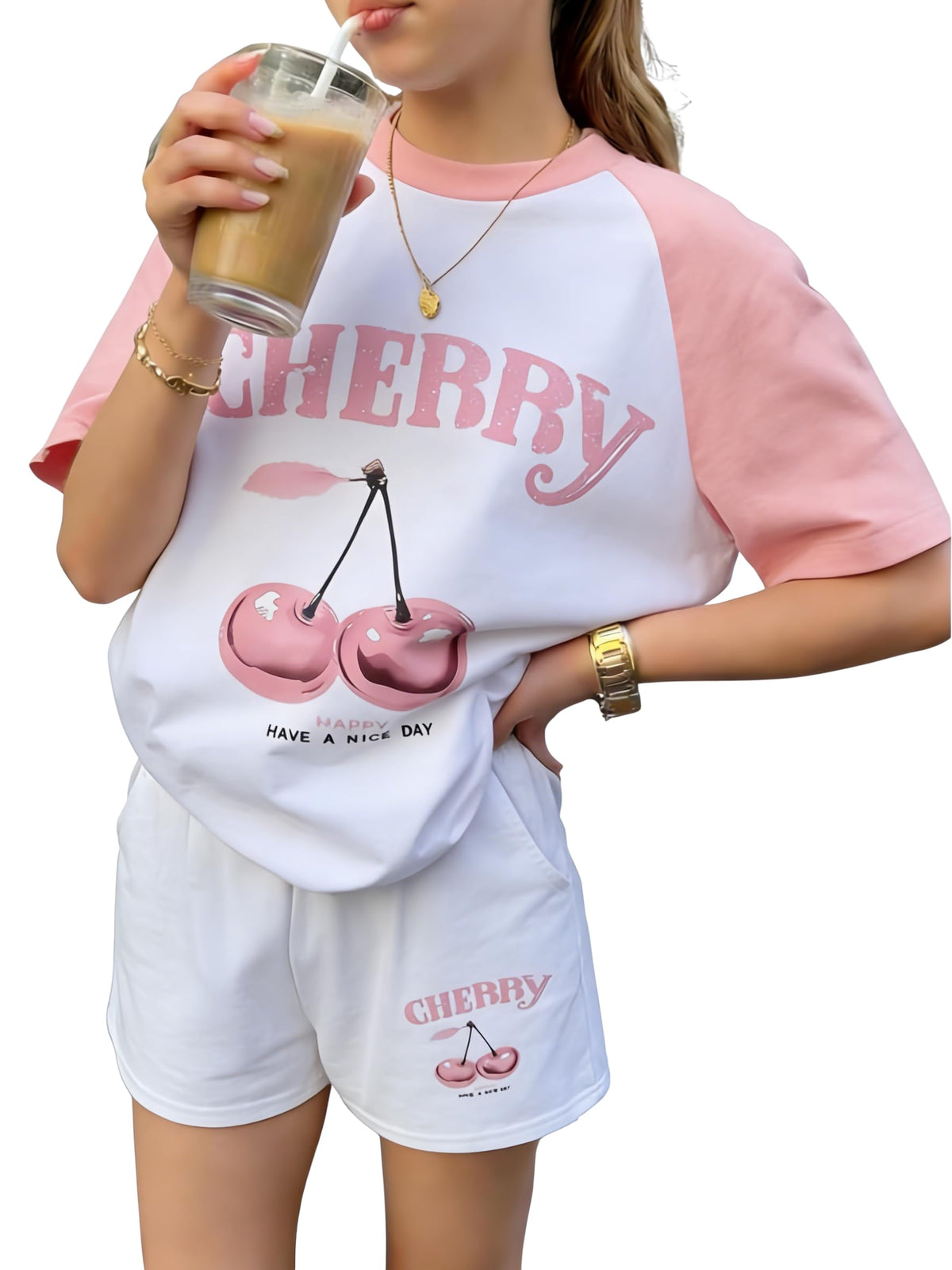 KIDLAGA Girls Two Piece Sets Cherry Pattern Short Sleeve Shirts and Shorts Set With Pockets Girls Summer Outfits Size 7-14