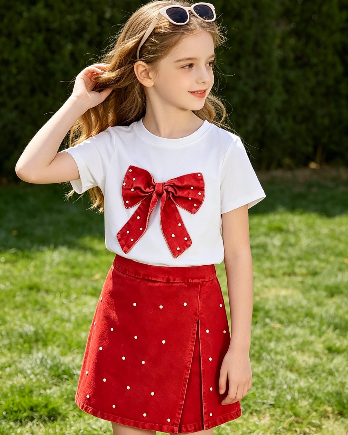 6-12Y Girls Summer Clothes Short Sleeve Bow Print T-Shirt Denim Skirt Shorts Set Tween Girls Outfits Set
