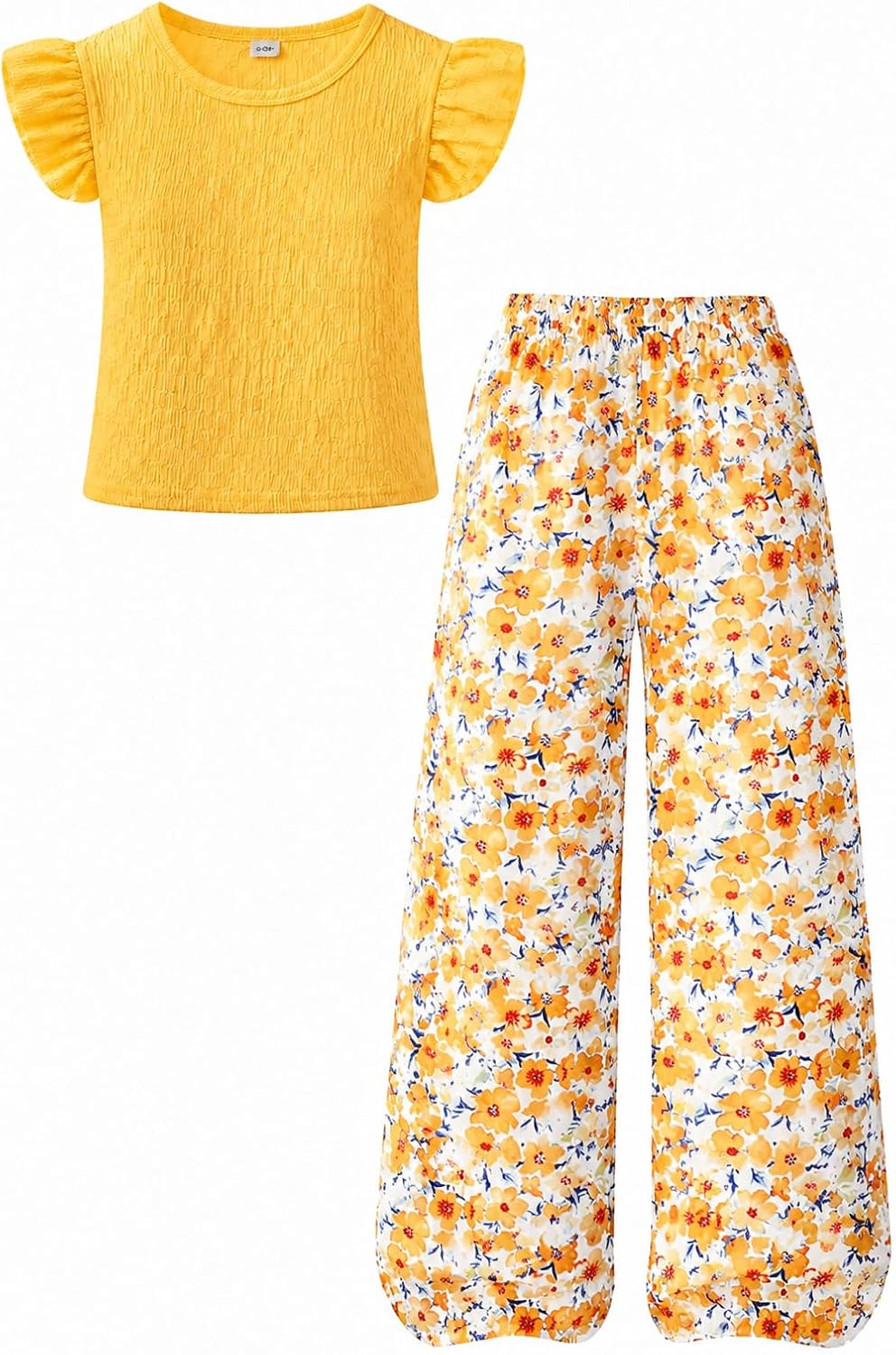 Yoxindax Tween Girls Outfit Set Ruffle Sleeve Smocked Top Floral Print Wide Leg Pants Casual Summer Clothes 7-14 Years