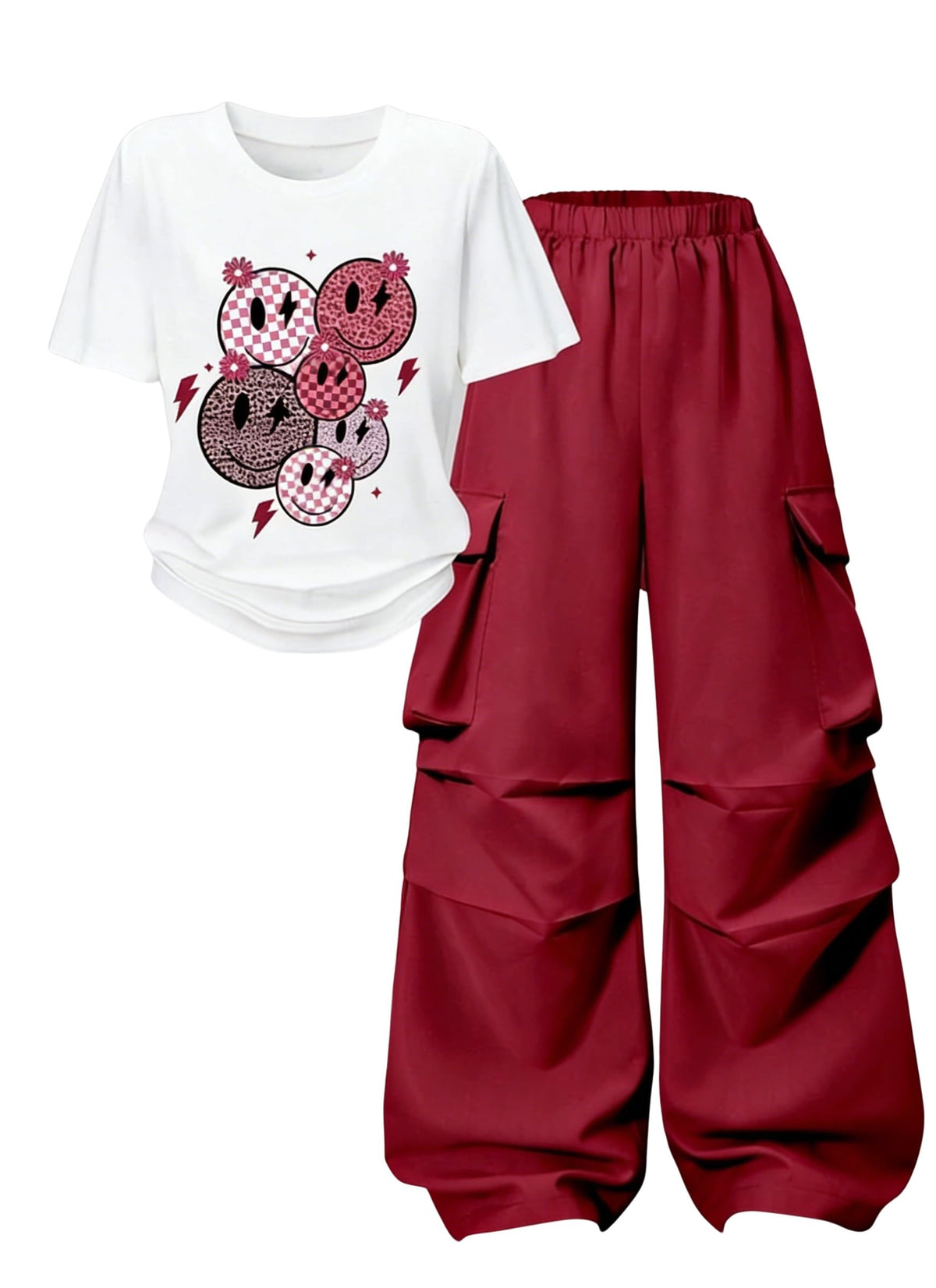 Girls Clothes 2 Piece Smiley Face Print T-Shirt Tops & Cargo Pants Spring Summer Outfits Tween Girls 7-14Y