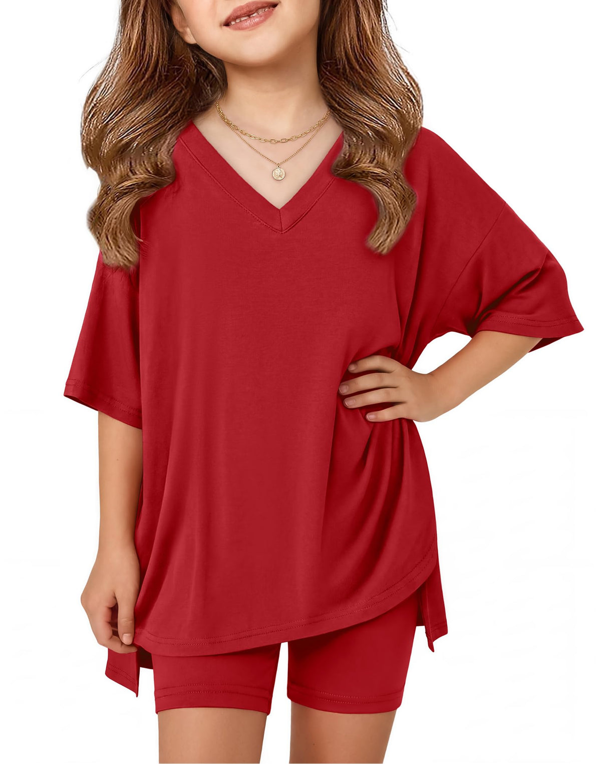 Arshiner Girls 2 Piece Summer Outfits Oversized V Neck Top Shorts Set