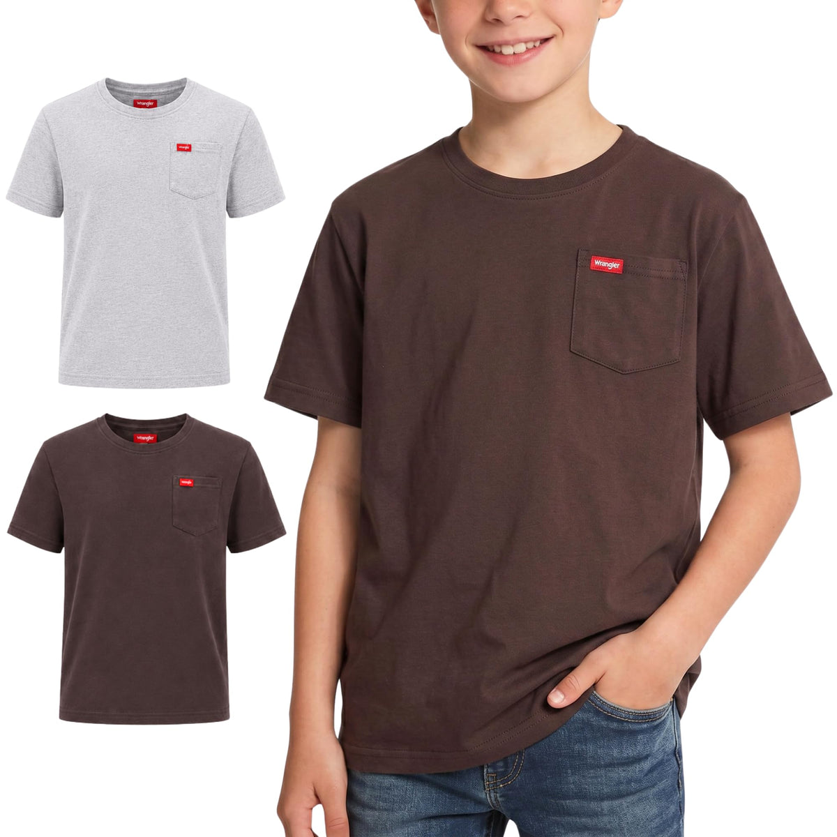 Wrangler Boys T Shirts 2-Pack - Crew Neck Pocket Tee, Soft Cotton Blend