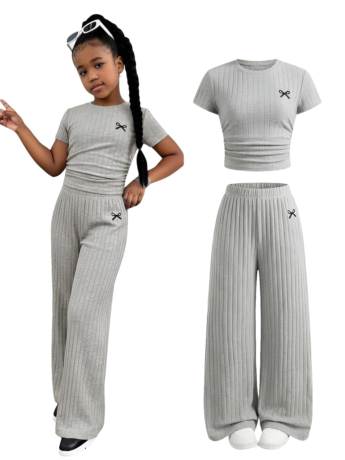 SOLY HUX Girl's Bow Print Short Sleeve T Shirt Pants Outfits