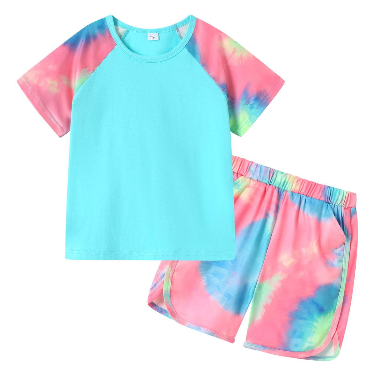 DISAUR Girls Summer Outfits 2 Piece Matching Sets Tie Dye T Shirt and Shorts Set with Pockets for Girls 4-10 Years