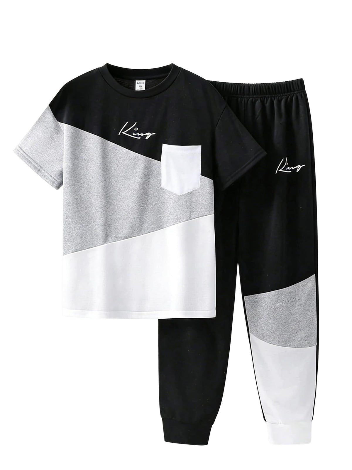 Axumity Tween Boys' 2-Piece Casual Outfit Spring Summer Short Sleeve Crewneck Top & Color Block Pants Size 6-13