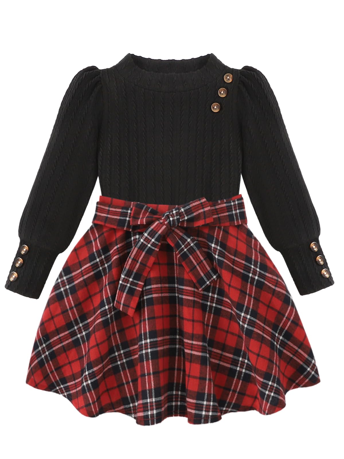 AMAWMW Girls Skirt Sets Fall Outfits Puff Sleeve Crewneck Ribbed Knit Tops and Plaid Skirt Set Kids Fall Winter Clothes