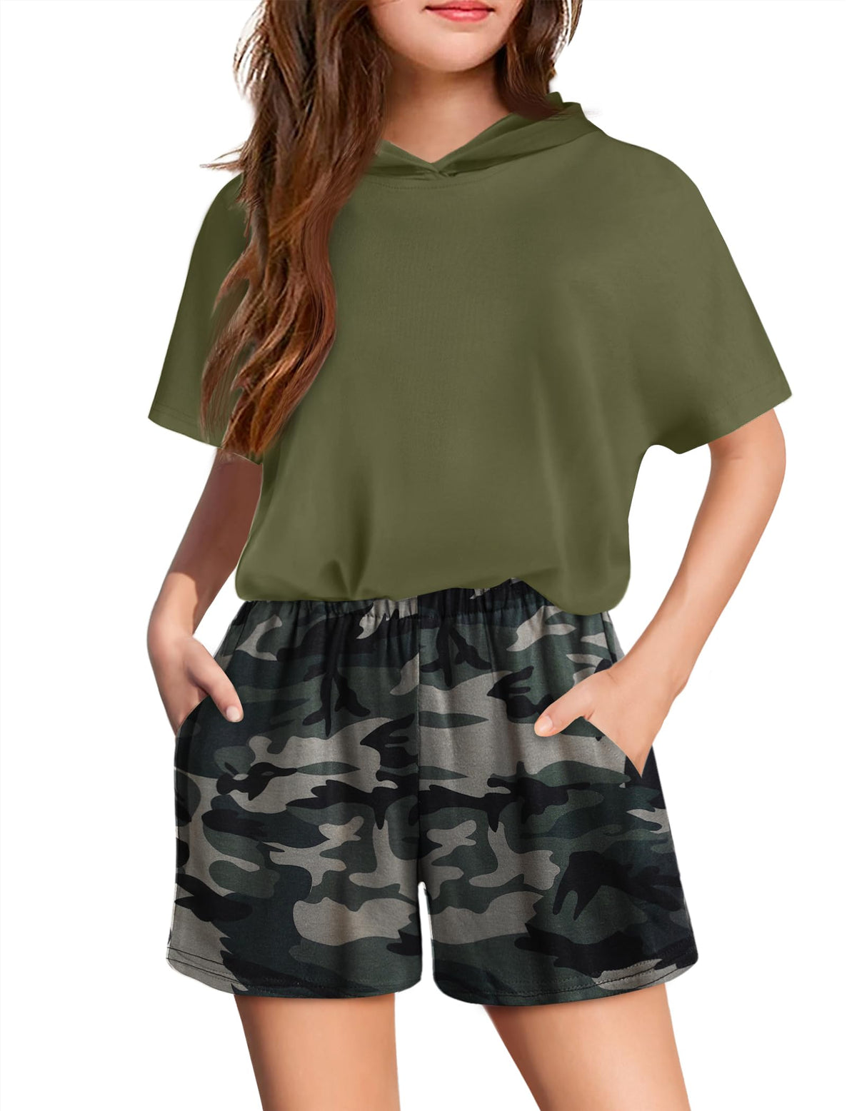 Girls Summer Outfits Kids Hooded-Shirts Elastic Waist Shorts with Pockets