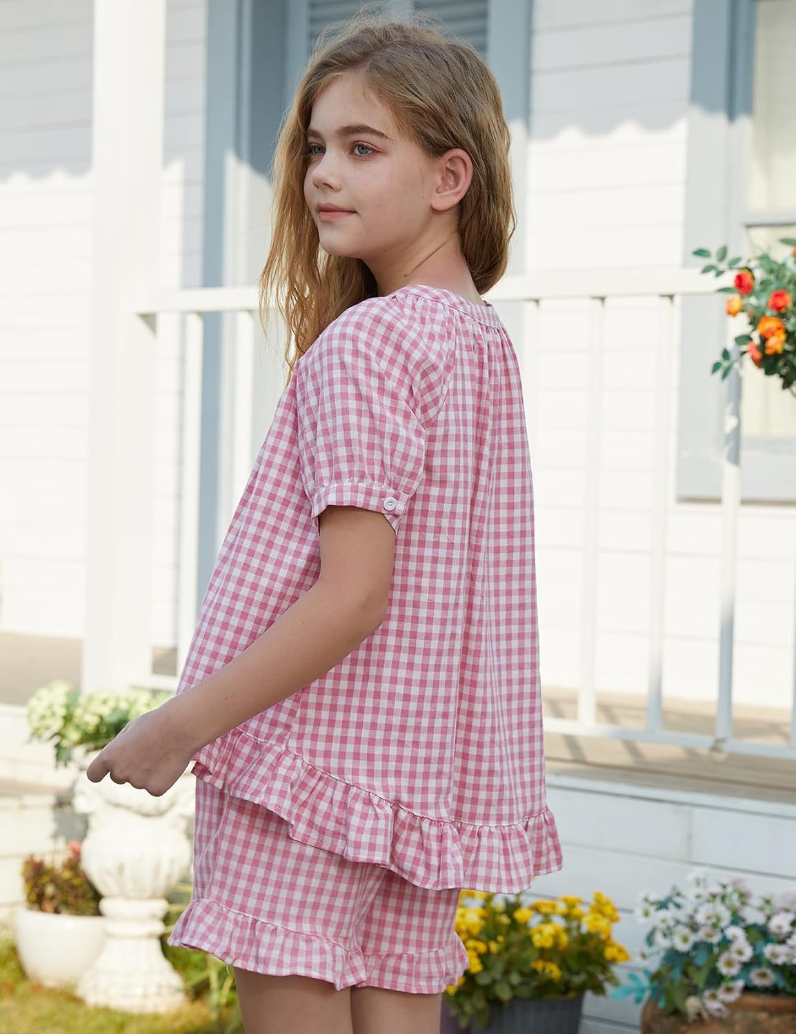 Flygo Girls Cotton Gingham Sets Cute Summer Outfits Shorts Set 5-14 Years