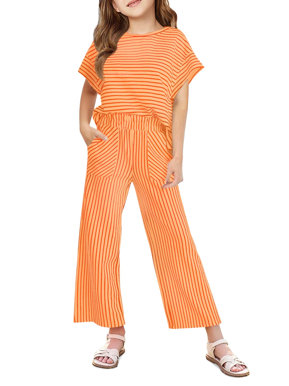 Haloumoning Girls Striped 2 Piece Outfits Short Sleeve T Shirts Wide Leg Pants Matching Lounge Set with Pockets
