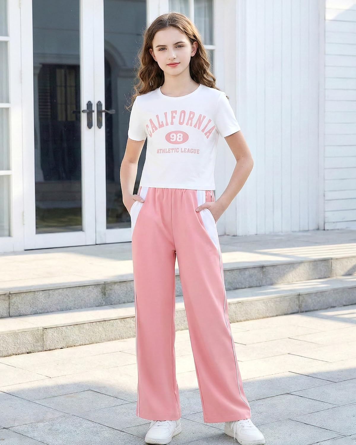 YOURUIKEY Girls 2 Piece Outfits Short Sleeve Shirts & Sweatpants Set with Pockets Summer Clothes Sweatsuit Size 7-14Y
