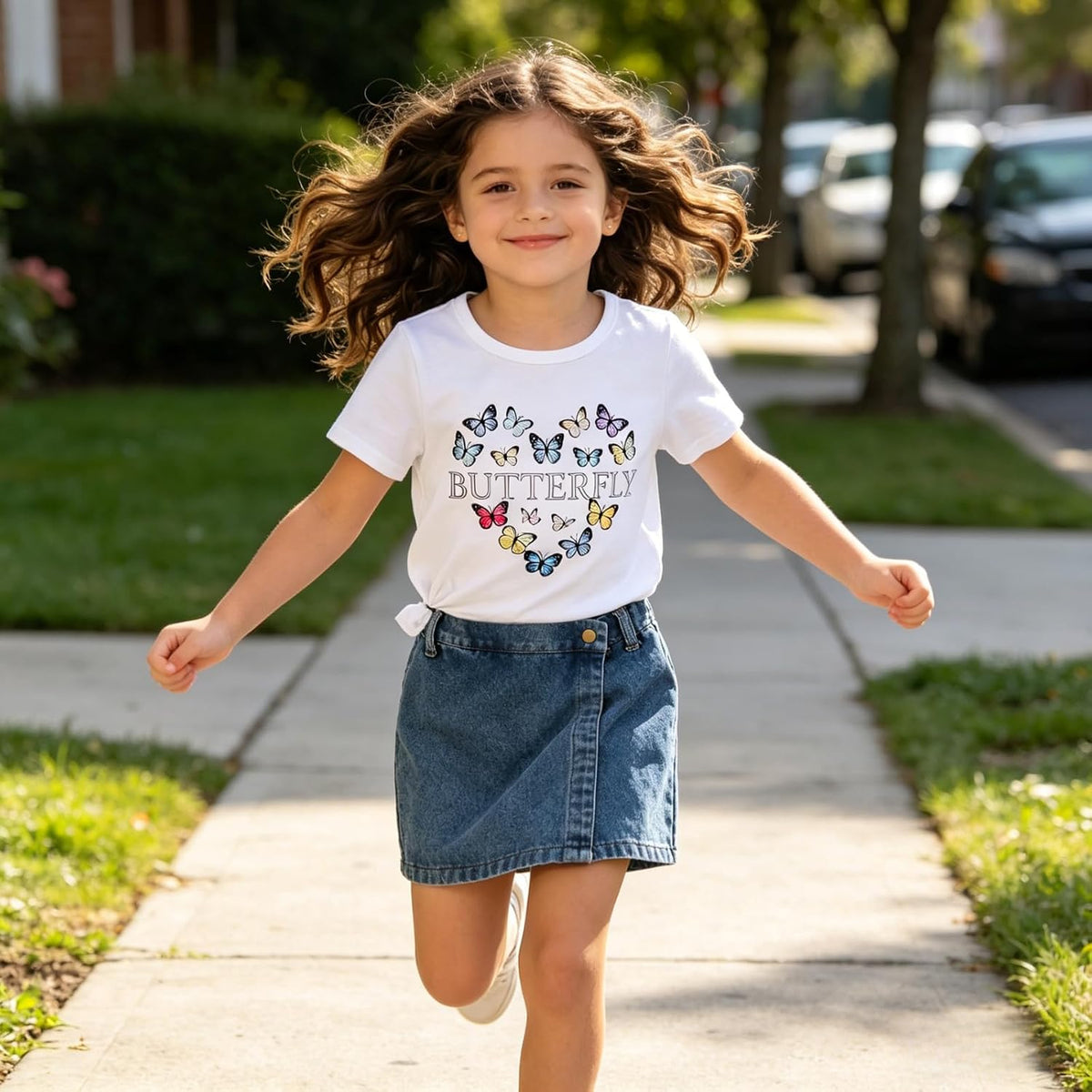 Girls Summer Clothes Butterfly Print Short Sleeve Tops and Denim Skirt Shorts Set Cute Outfits for Kids Girls 5-12Y