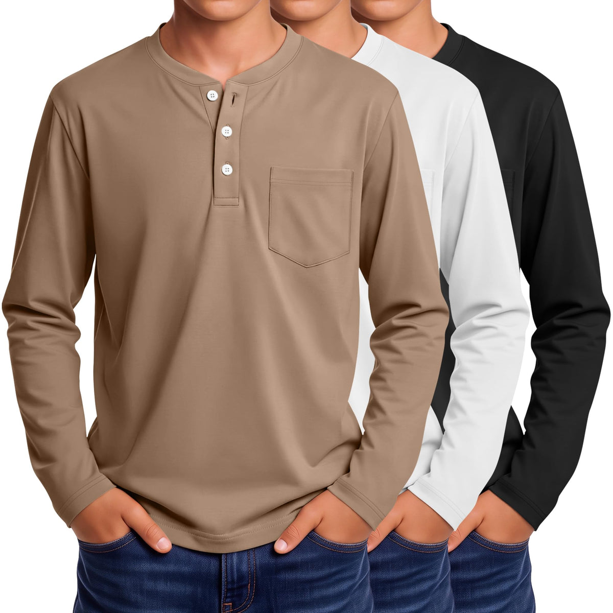 3 Pack Boys' Long Sleeve Shirts Henley Tops