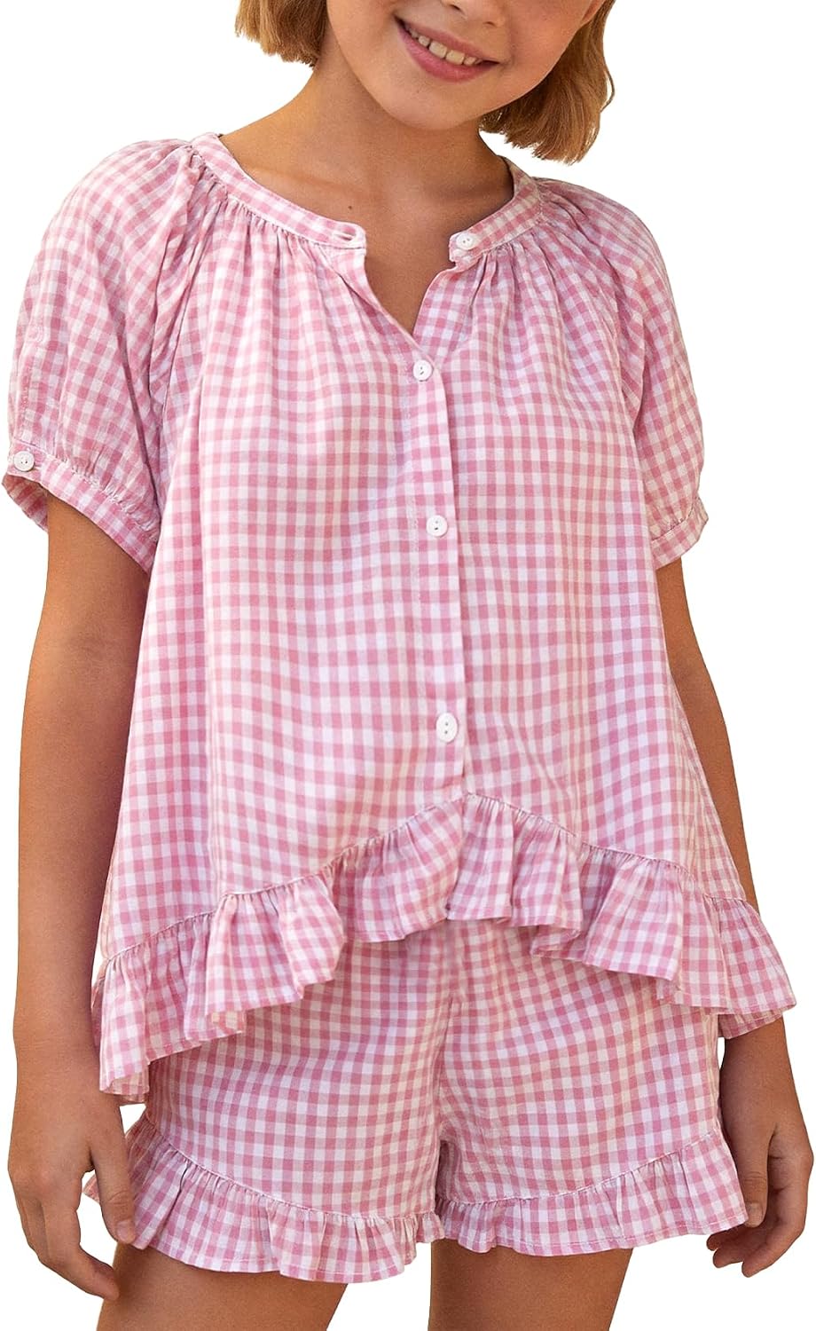 Flygo Girls Cotton Gingham Sets Cute Summer Outfits Shorts Set 5-14 Years