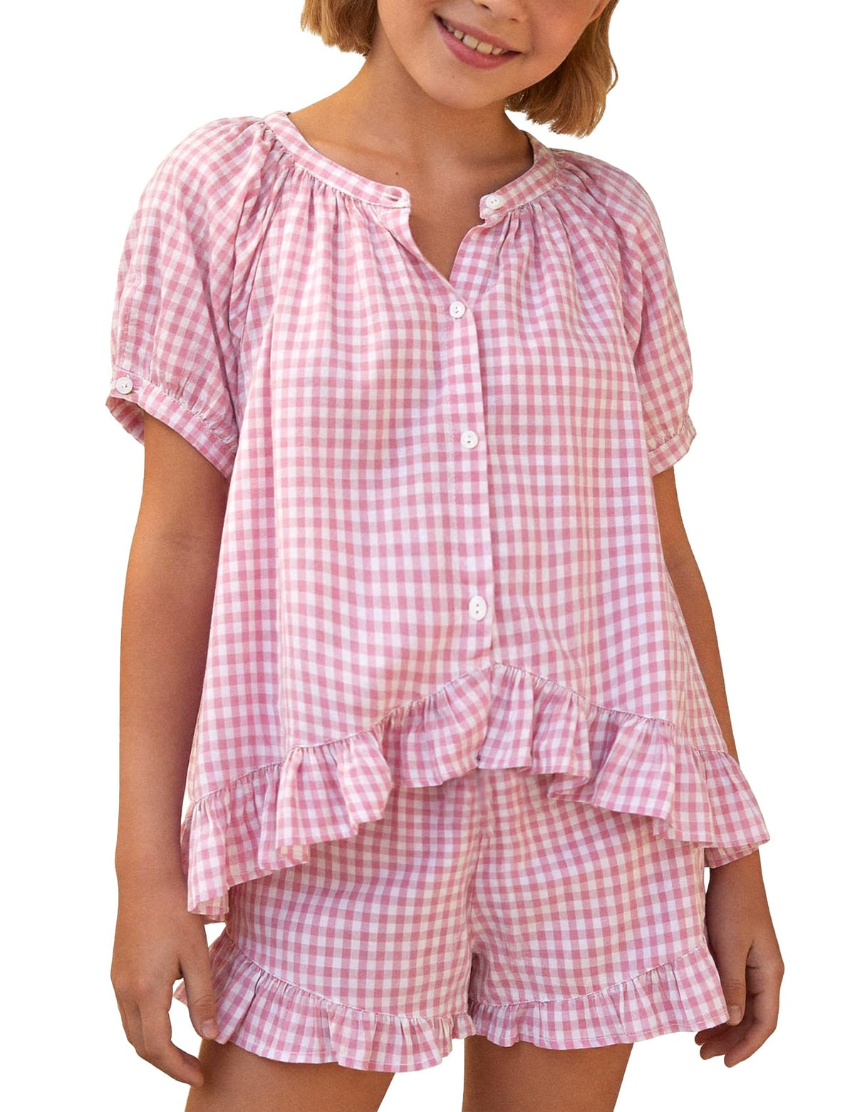 Flygo Girls Cotton Gingham Sets Cute Summer Outfits Shorts Set 5-14 Years