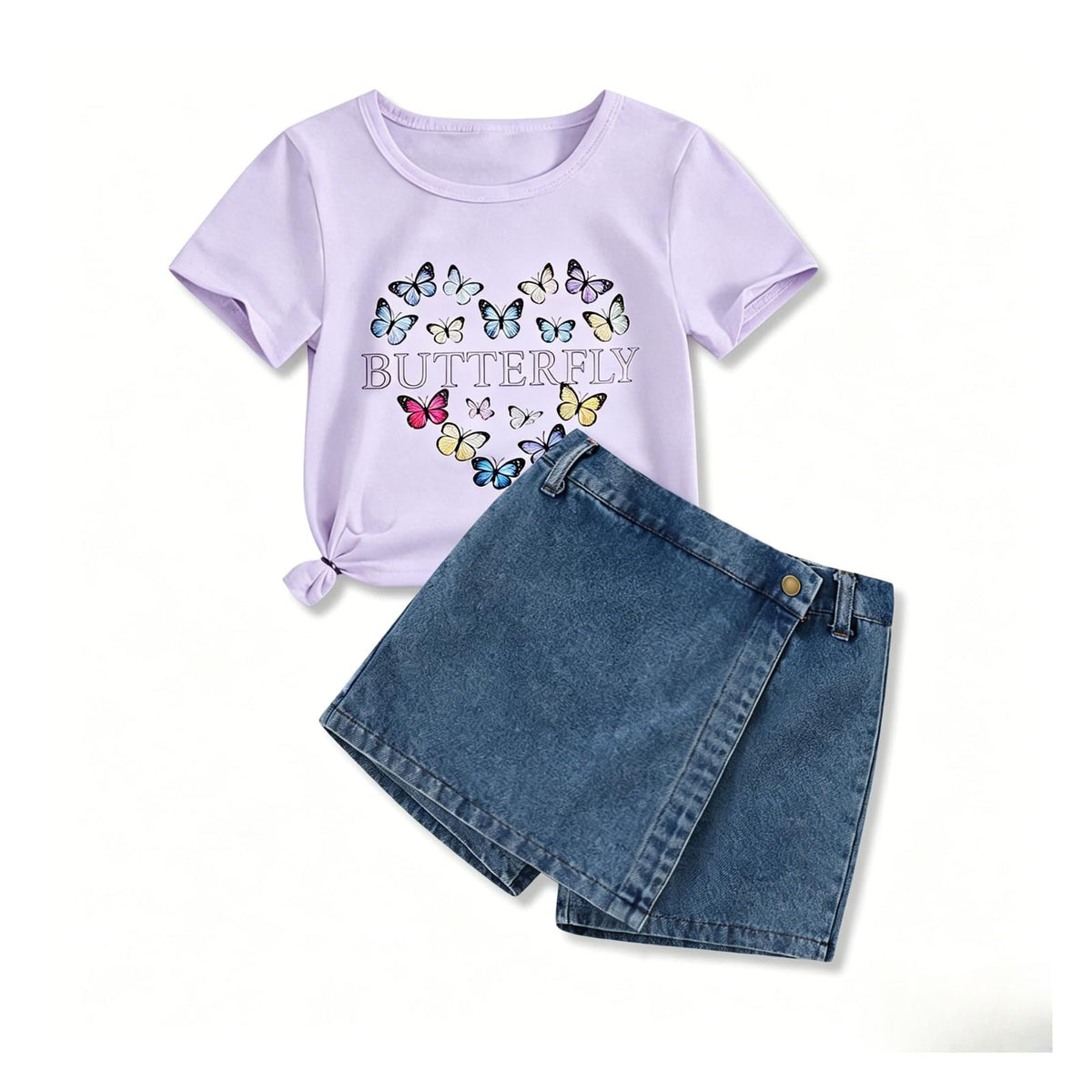 Girls Summer Clothes Butterfly Print Short Sleeve Tops and Denim Skirt Shorts Set Cute Outfits for Kids Girls 5-12Y