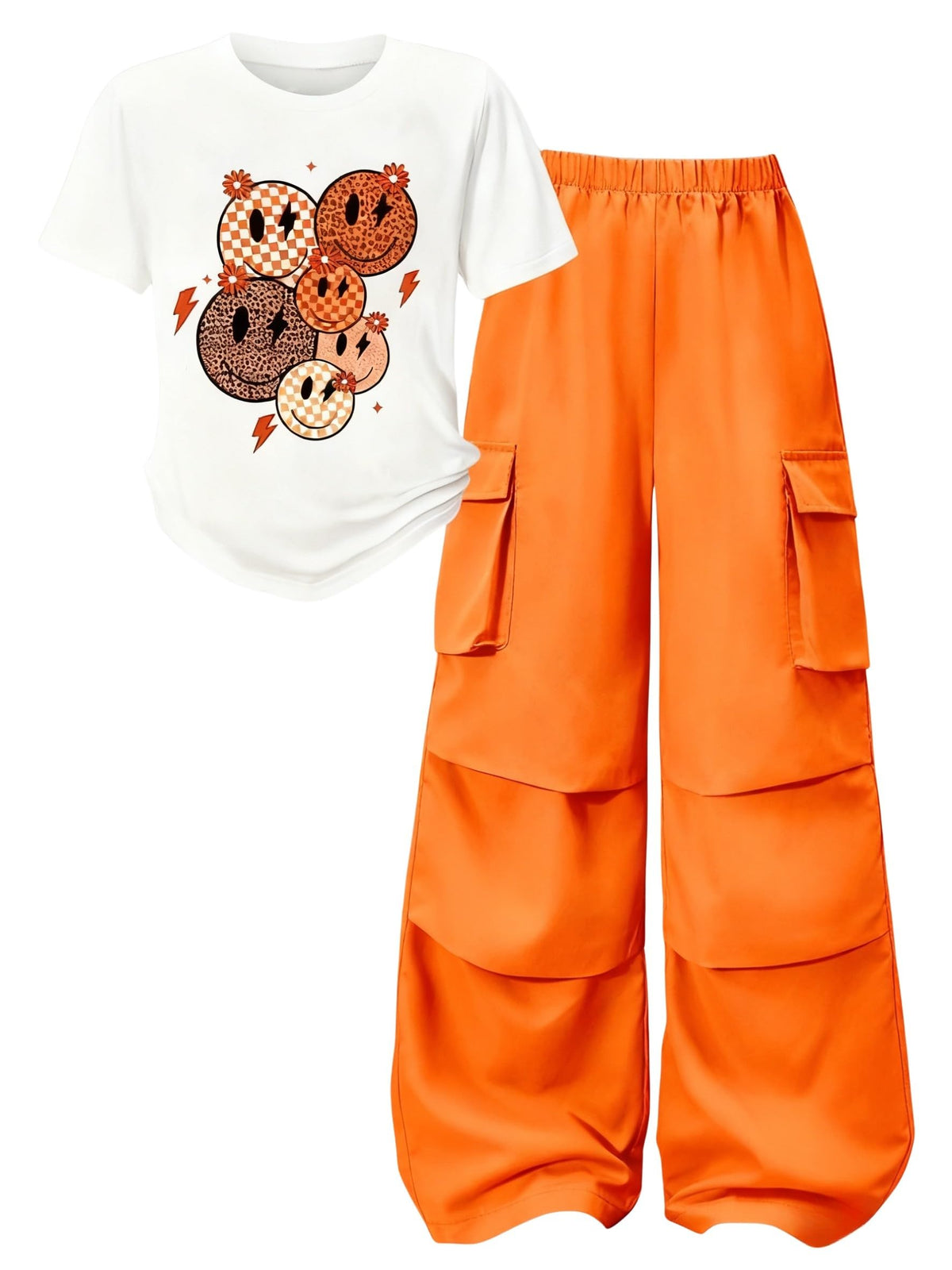 Girls Clothes 2 Piece Smiley Face Print T-Shirt Tops & Cargo Pants Spring Summer Outfits Tween Girls 7-14Y