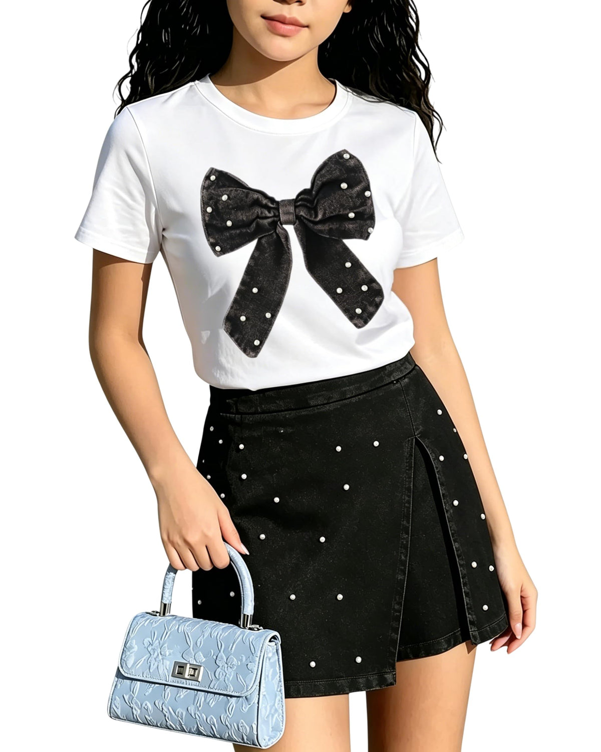 6-12Y Girls Summer Clothes Short Sleeve Bow Print T-Shirt Denim Skirt Shorts Set Tween Girls Outfits Set