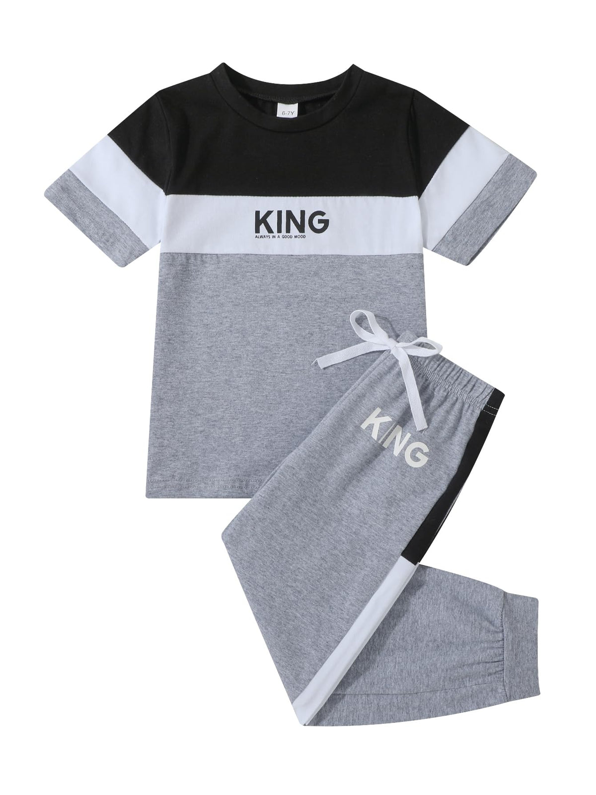 Axumity Tween Boys' 2-Piece Casual Outfit Spring Summer Short Sleeve Crewneck Top & Color Block Pants Size 6-13