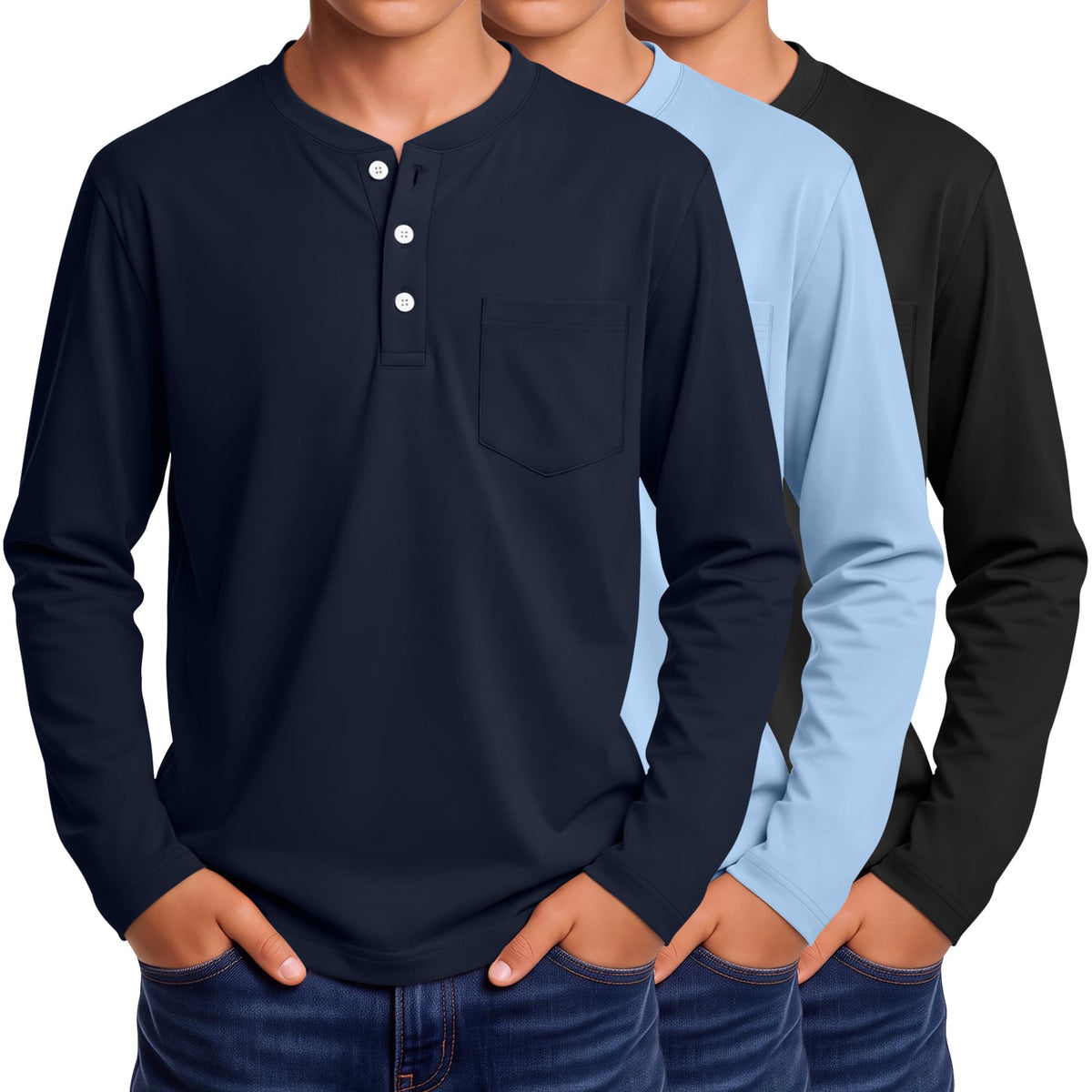 3 Pack Boys' Long Sleeve Shirts Henley Tops