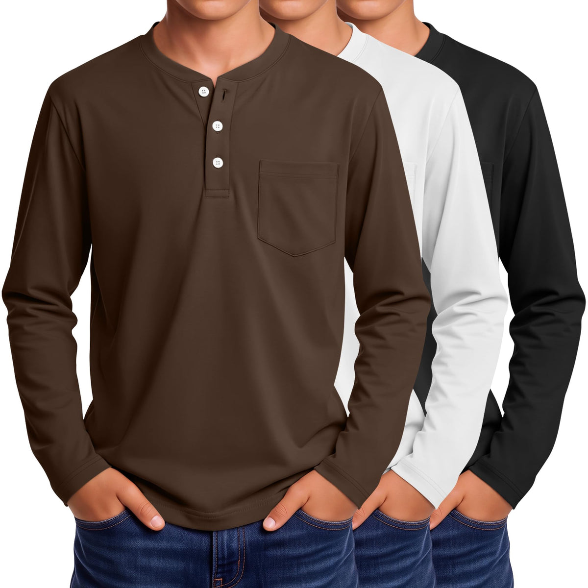 3 Pack Boys' Long Sleeve Shirts Henley Tops